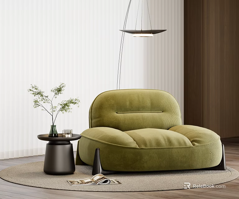 Green Velvet Single Seater Sofa with Side Table Potted Plant Hanging Lamp on Rug 3d model 