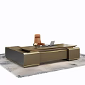Modern Brown Office Desk And Chair Set With Laptop Mouse And Lamp On Rug