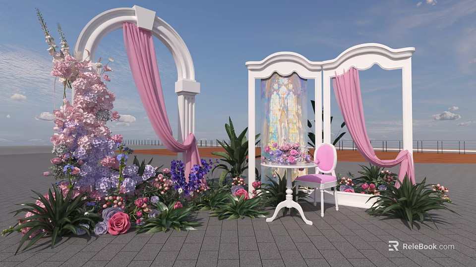 Outdoor Art Installation Featuring White Arch Pink Curtains Decorative Mirror Flowers Small Table Pink Chair 3d model 