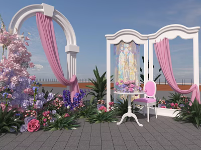 Outdoor Art Installation Featuring White Arch Pink Curtains Decorative Mirror Flowers Small Table Pink Chair 3d model
