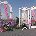 Outdoor Art Installation Featuring White Arch Pink Curtains Decorative Mirror Flowers Small Table Pink Chair