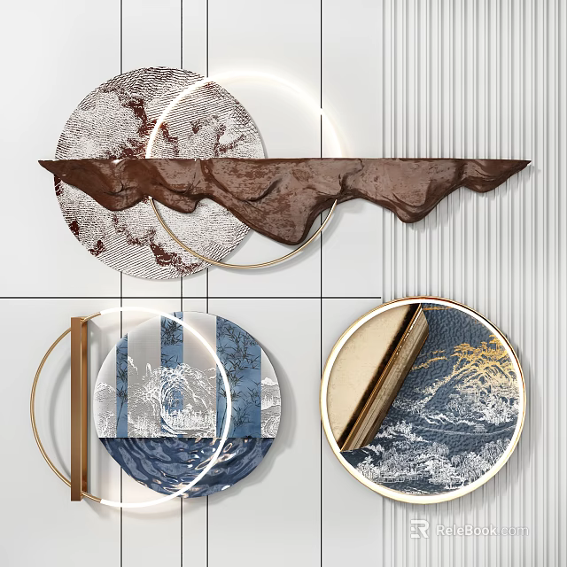 Modern Circular Wall Decor With Textured Mountain Wave Patterns And Gold Brown Blue Frames 3d model