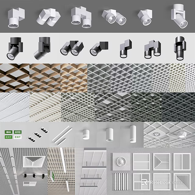 Modern Ceiling Design With Grid Patterns Light Fixtures And Textured Panels 3d model 