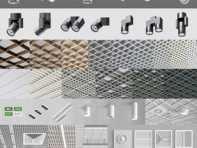 Modern Ceiling Design With Grid Patterns Light Fixtures And Textured Panels 3d model