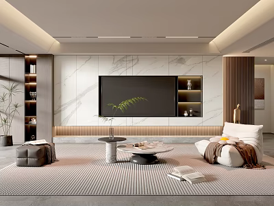 Modern Living Room Interior Featuring Marble Accent Wall Large Screen TV Open Shelves Striped Rug 3d model