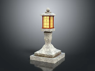 Traditional Stone Lantern With Square Base And Yellow Lattice Glass Panels 3d model