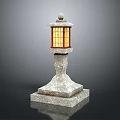 Traditional Stone Lantern With Square Base And Yellow Lattice Glass Panels