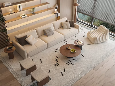 Modern Beige Sofa and Coffee Table Set with Throw Pillows Accent Chair Stools and Light Rug 3d model