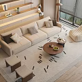 Modern Beige Sofa and Coffee Table Set with Throw Pillows Accent Chair Stools and Light Rug