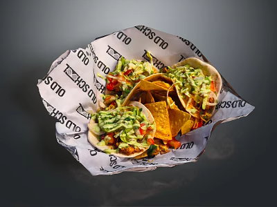 Fresh Tacos Topped with Guacamole and Tortilla Chips in TACOS Printed Paper Wrap 3d model