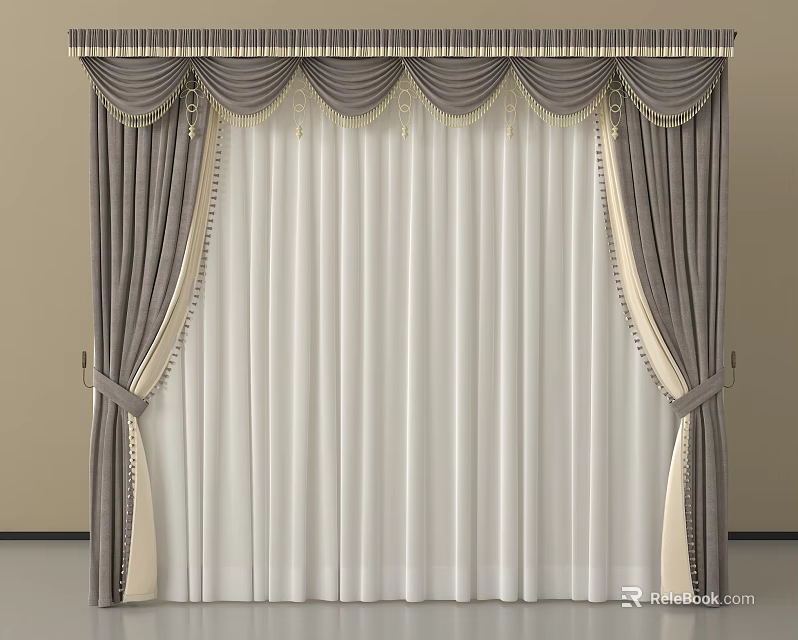 Elegant Double Layer Curtains With Dark Gray Outer And White Sheer Inner Layers 3d model