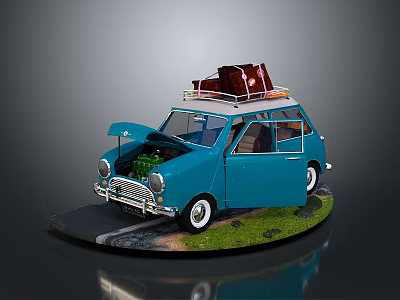 Blue Classic Car With Open Doors Hood And Roof Luggage Parked On Road With Grass 3d model