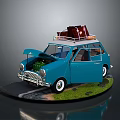 Blue Classic Car With Open Doors Hood And Roof Luggage Parked On Road With Grass