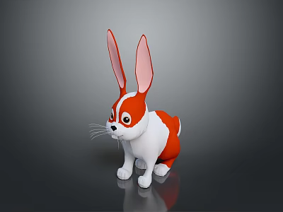 Cute Red And White Rabbit Character With Long Ears 3D Rendered On Reflective Surface 3d model