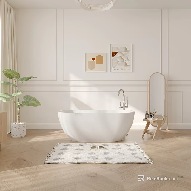 Modern Elegant Bathroom Interior With White Bathtub Wooden Floor Green Plant Decorative Artworks And Rug 3d model 