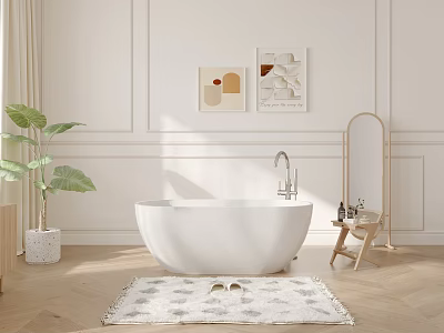 Modern Elegant Bathroom Interior With White Bathtub Wooden Floor Green Plant Decorative Artworks And Rug 3d model