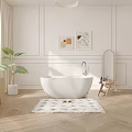 Modern Elegant Bathroom Interior With White Bathtub Wooden Floor Green Plant Decorative Artworks And Rug