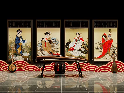 Traditional Chinese Interior With Four Screens Ancient Women Guzheng And Red Wave Patterns 3d model