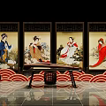 Traditional Chinese Interior With Four Screens Ancient Women Guzheng And Red Wave Patterns