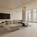 Modern Minimalist Living Room With Light Sofa Round Coffee Table And Large Windows With Blinds