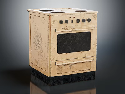 Vintage Kitchen Stove with Worn Surface Burners Oven Door and Drawer Design 3d model
