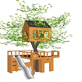 Outdoor Wooden Tree House With Slide And Platform On Green Grassland