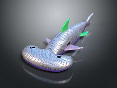 Silver Shark Doll with Green Fins Purple Accents and Black Eyes for Kids 3d model