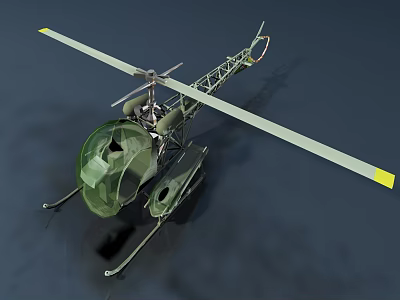 Helicopter Featuring Green Fuselage Rotor Blades Cockpit Landing Gear And Metal Structure 3d model