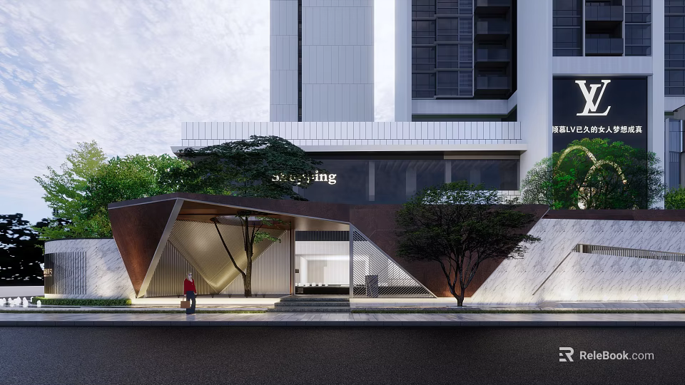 Modern Geometric Entrance Gate Design With Glass Metal And Trees For Residential Building 3d model 