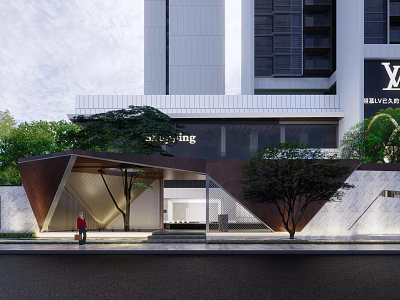 Modern Geometric Entrance Gate Design With Glass Metal And Trees For Residential Building 3d model