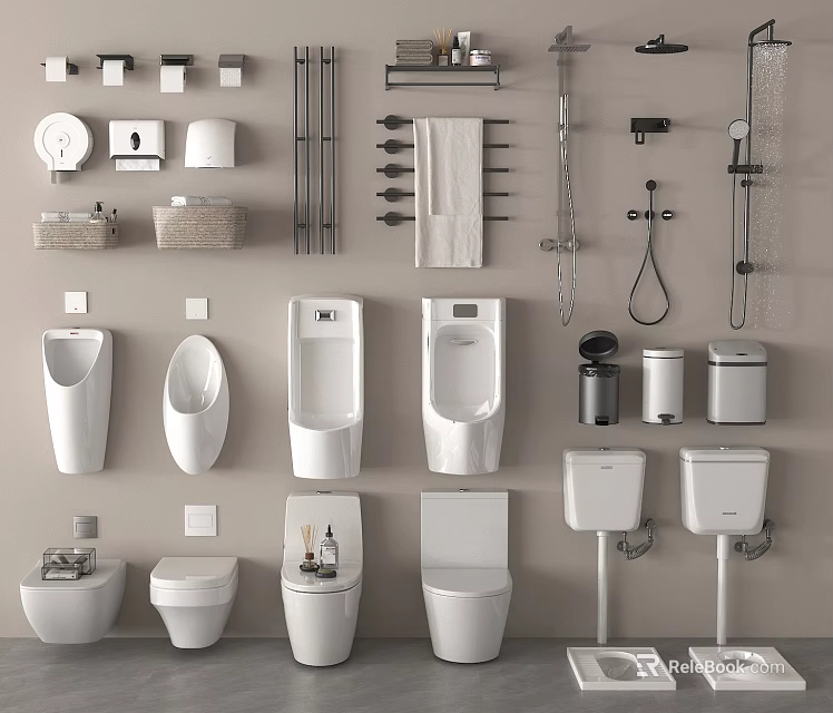 Complete Modern Bathroom Fixtures Collection With Urinals Toilets Washbasins Towel Racks And Shower Accessories 3d model 