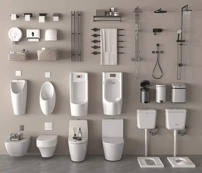 Complete Modern Bathroom Fixtures Collection With Urinals Toilets Washbasins Towel Racks And Shower Accessories 3d model