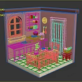 Cozy Kitchen Interior With Pink Walls Green Cabinets Arched Window And Red Tile Floor