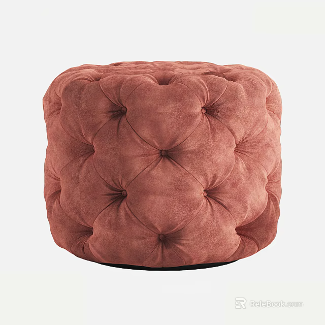 Round Pink Tufted Ottoman With Diamond Pattern And Upholstered Fabric 3d model 