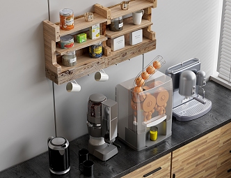 Juicer Coffee Machine Bean Grinder Bottle Water Cup Coffee Cup Coffee Bean Tea Bag Kitchen Supplies Solid Wood Cabinet Solid Wood Storage Rack 3d model