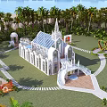 Elegant White European Architecture with Spire Arched Windows Glass Roof Palm Trees and Lawn