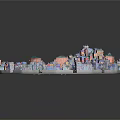 Cartoon City Scene With Colorful Buildings Green Trees And Blue Water Area