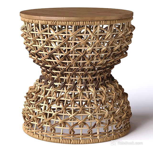 Handwoven Rattan Stool With Intricate Textured Weave Design For Home Decor 3d model 