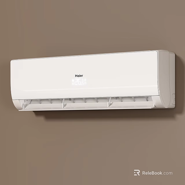 Haier White Wall Mounted Air Conditioner Fan Installed On Brown Wall 3d model 