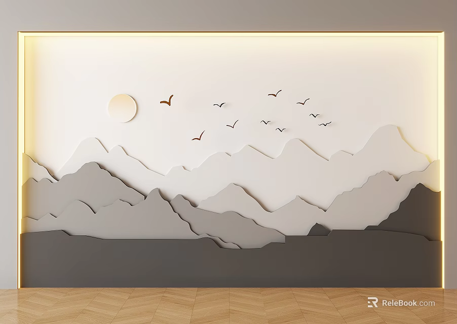 Modern Sofa Backdrop Wall With Layered Mountains Birds Moon And Lighting 3d model
