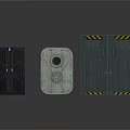 Futuristic Industrial Door Panels With Black Finish Circular Window And Yellow Warning Stripes