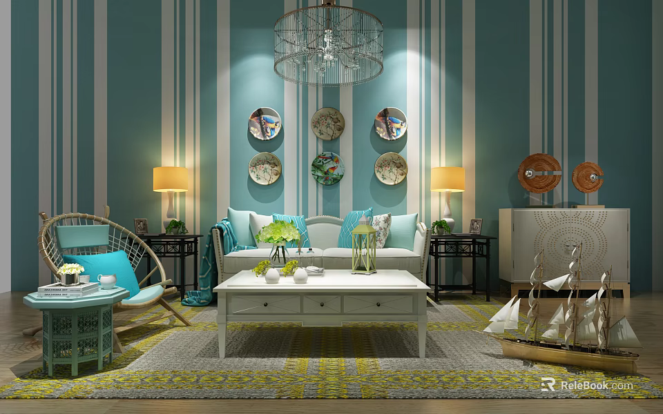 Modern Sofa And Coffee Table Set In Living Room With Blue Striped Wall Decorative Plates 3d model 