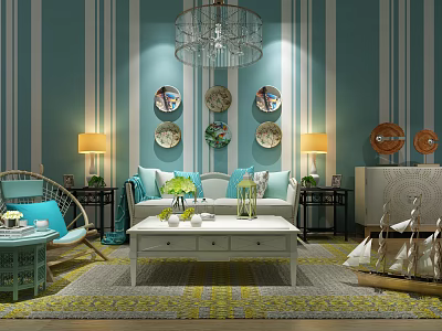Modern Sofa And Coffee Table Set In Living Room With Blue Striped Wall Decorative Plates 3d model