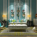 Modern Sofa And Coffee Table Set In Living Room With Blue Striped Wall Decorative Plates