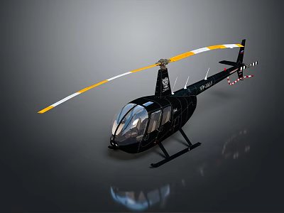 Black Helicopter with Yellow and White Rotors on Gray Background and Reflective Surface 3d model