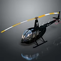 Black Helicopter with Yellow and White Rotors on Gray Background and Reflective Surface