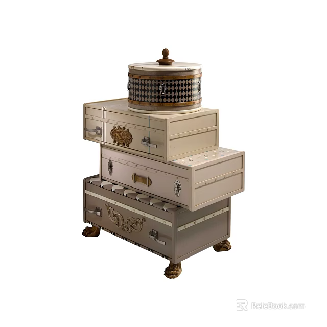 Vintage Entryway Console Side Cabinet With Multiple Drawers Decorative Top And Metal Legs 3d model 