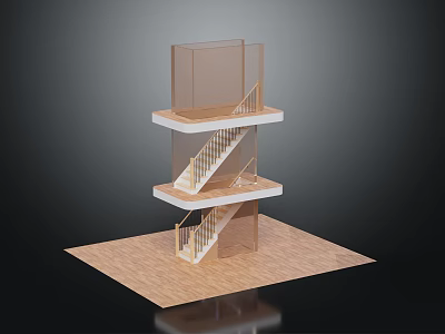 Three Tier Architectural Model With Wooden Base Glass Railings Connecting Platforms And Staircase 3d model