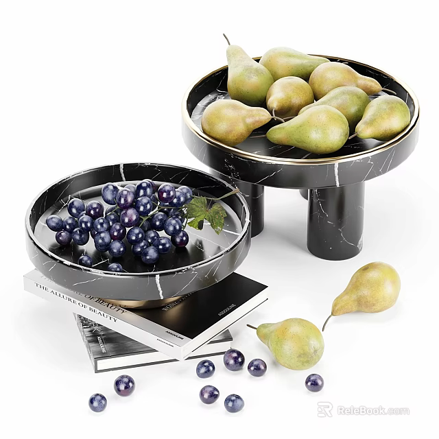 Fresh Purple Grapes and Green Pears on Marble Pedestal Plates with Stacked Books 3d model 
