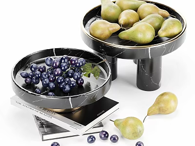 Fresh Purple Grapes and Green Pears on Marble Pedestal Plates with Stacked Books 3d model